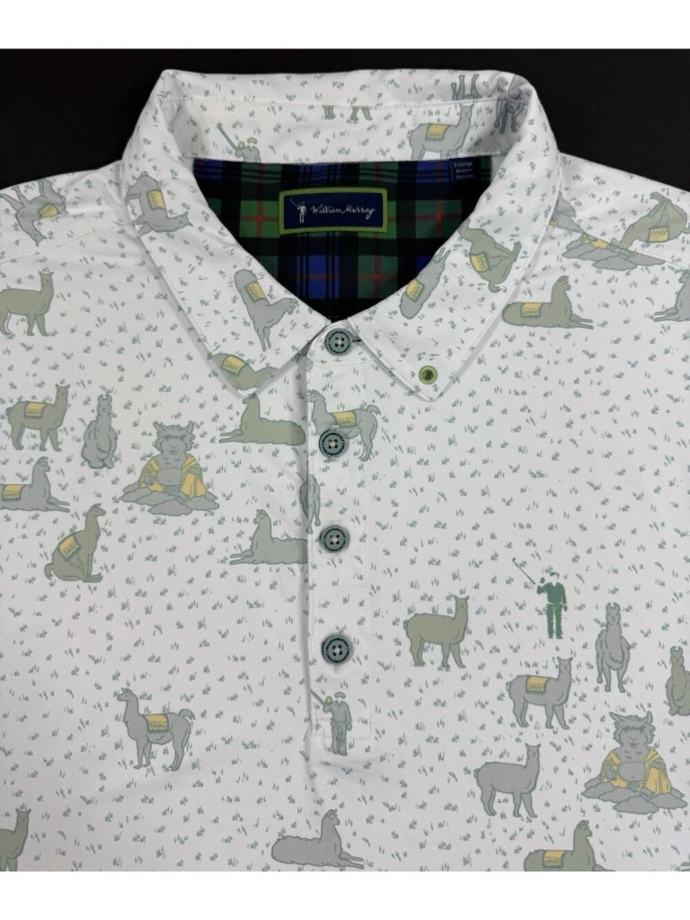 William Murray Mens Polo Shirt Golf Size XL Llama Print Performance White AOP
